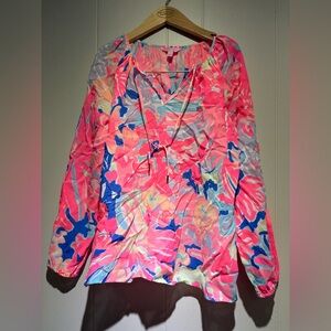 Lilly Pulitzer peasant blouse large pink watercolor floral hot pink